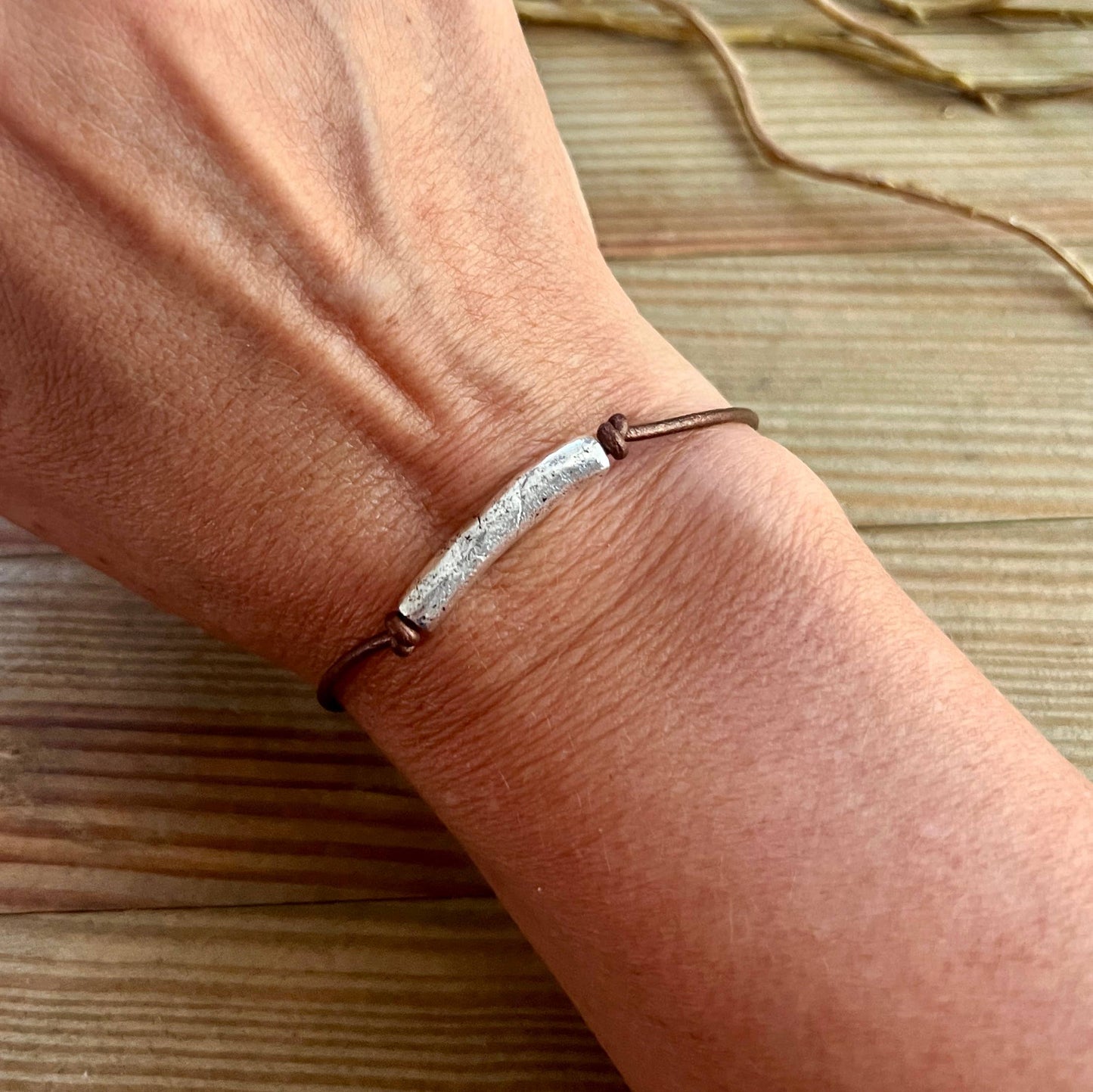 Plain Jane- minimal silver bar leather bracelet