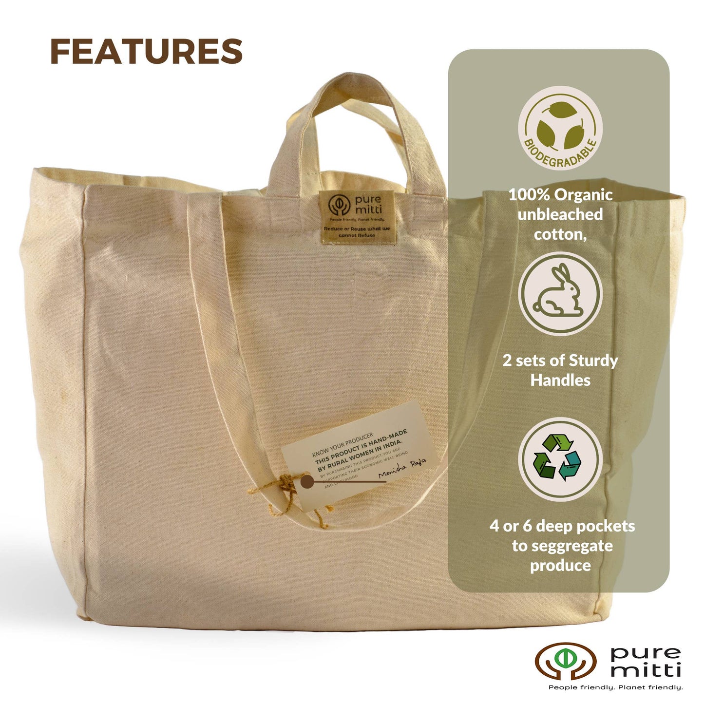 Multi-pocket 100% Cotton Grocery Tote Bag - Natural