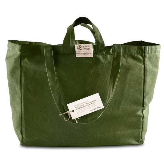 Multi-pocket 100% Cotton Grocery Tote Bag - Sage Green