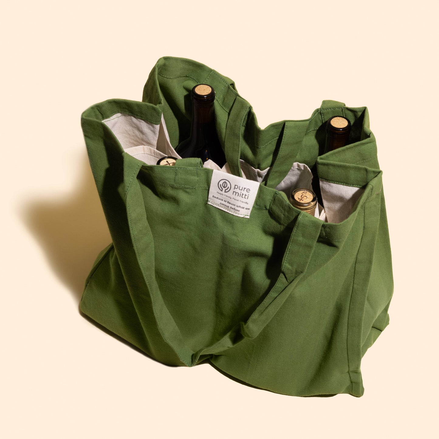 Multi-pocket 100% Cotton Grocery Tote Bag - Sage Green