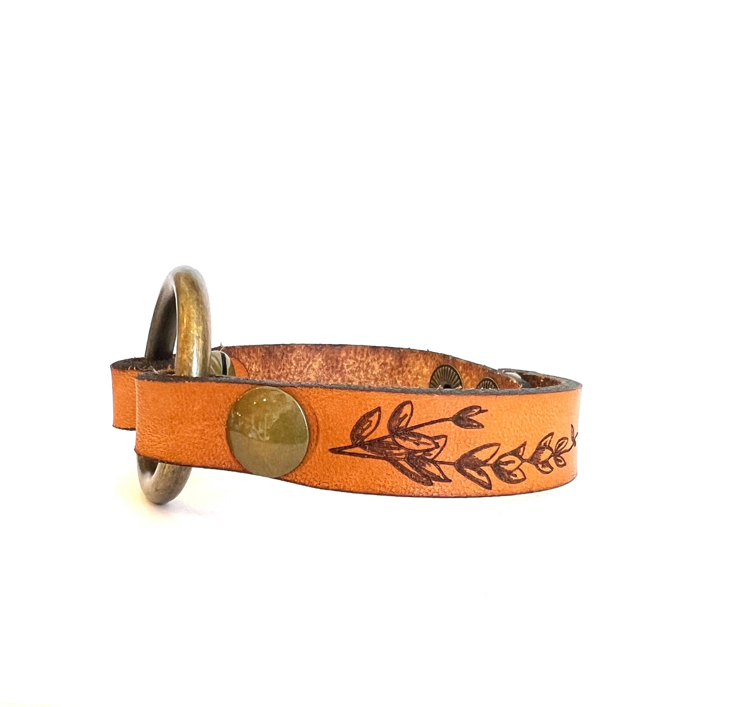 Leather Ring Cuff  Bracelet with leaf engravings