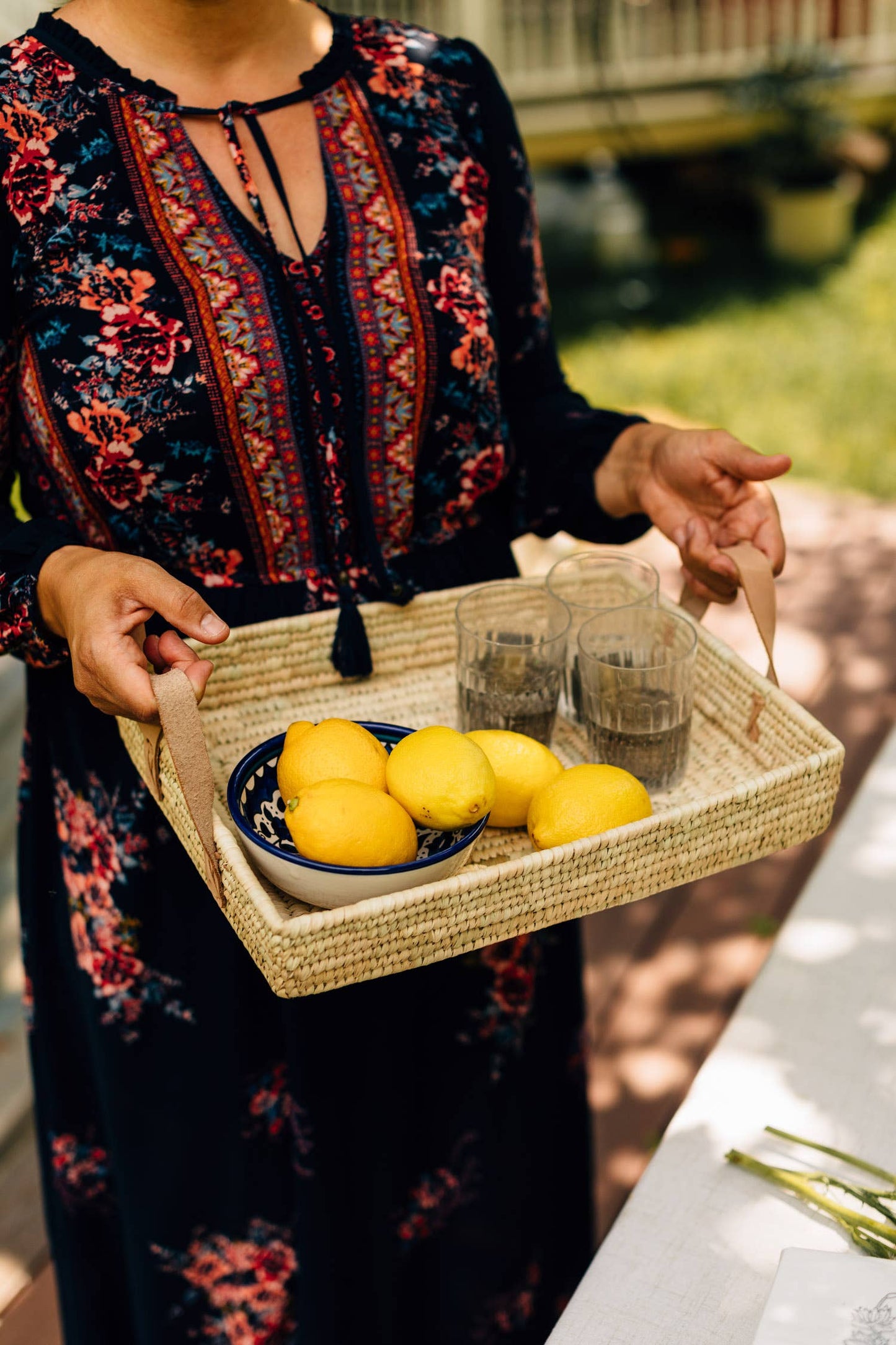 Rectangle Leathered Handled Hand-woven Basket