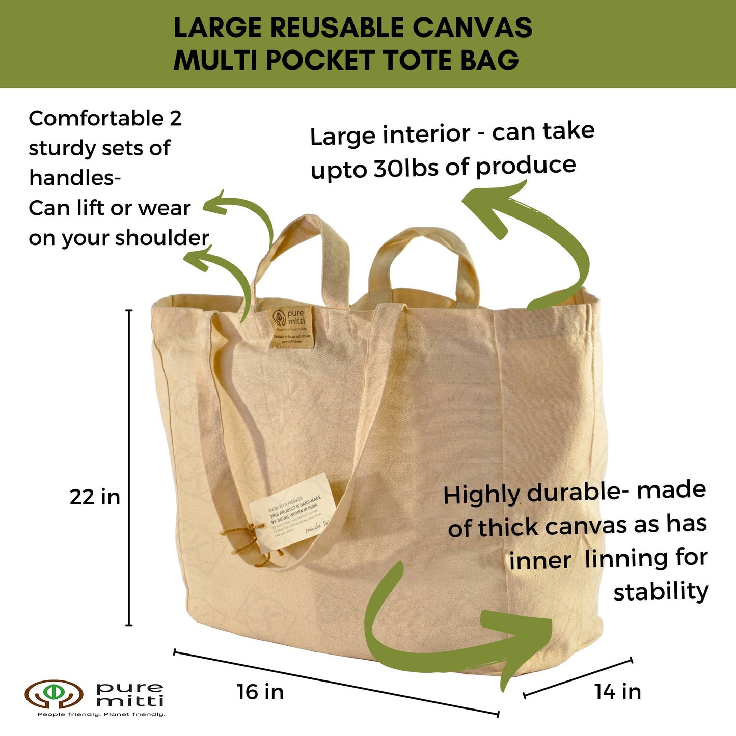 Multi-pocket 100% Cotton Grocery Tote Bag - Natural