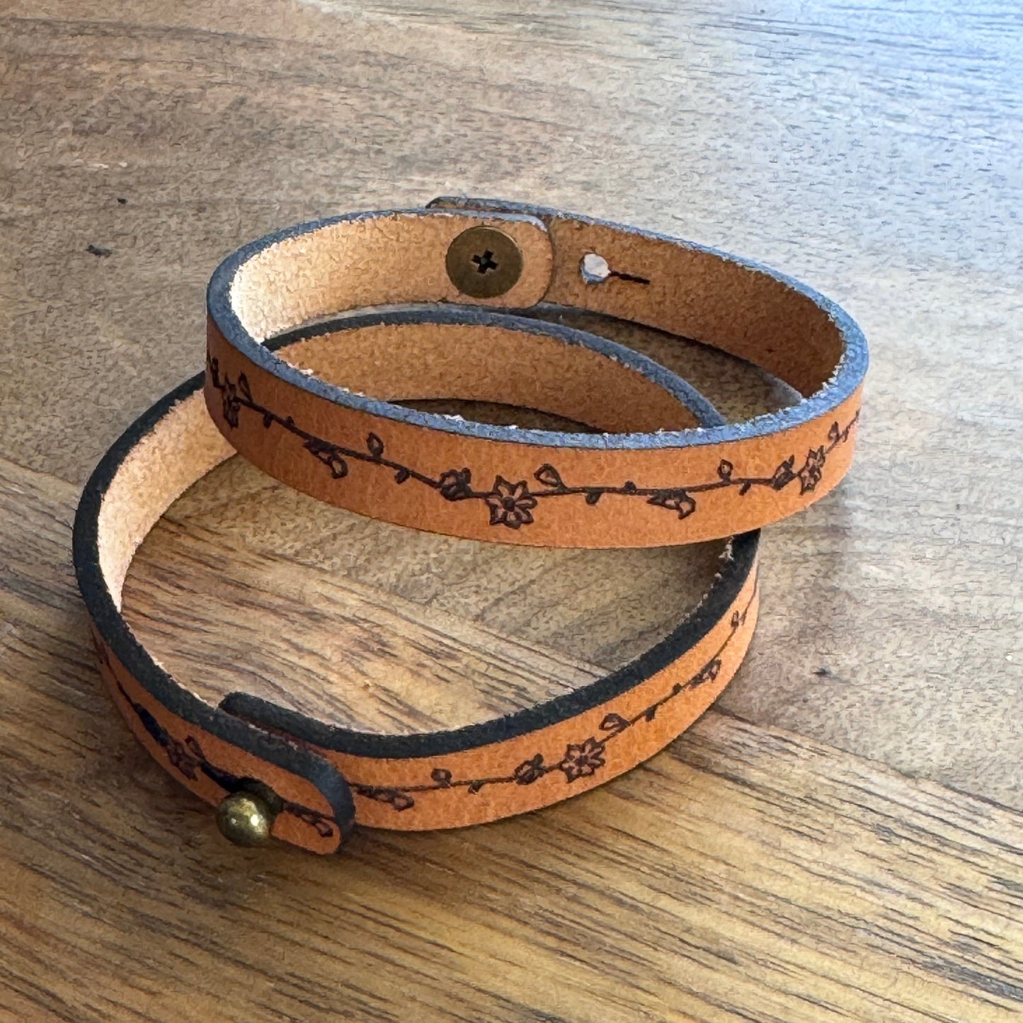 Thin Floral Leather Bracelet - Stud Closure