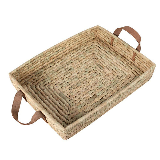 Rectangle Leathered Handled Hand-woven Basket