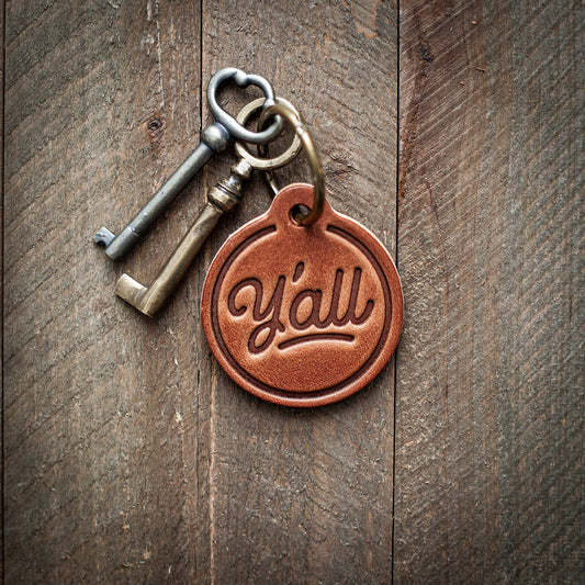 Y'all Leather Hand-stamped Keychain Circle